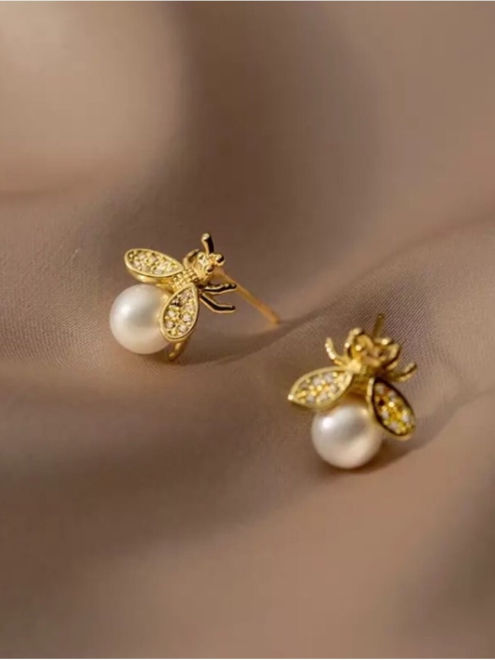 Gold Tone Bee Pearl Earrings - Picture 6 of 8